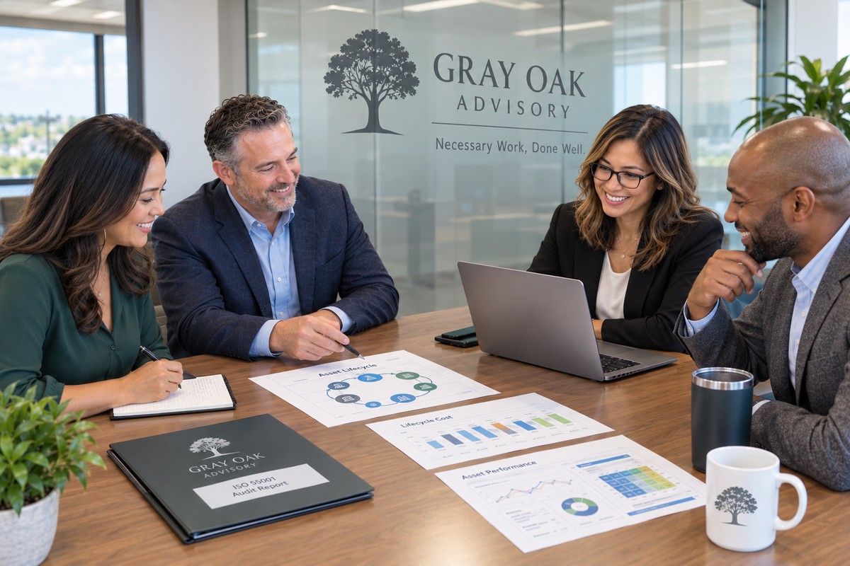 Gray Oak Advisory team members collaborating around a table with documents and a laptop.