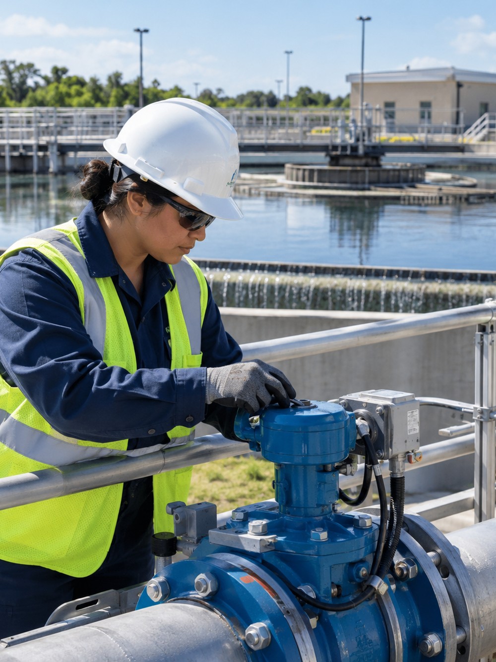 Utility workers wearing protective equipment inspect and work around utility infrastructure and equipment.